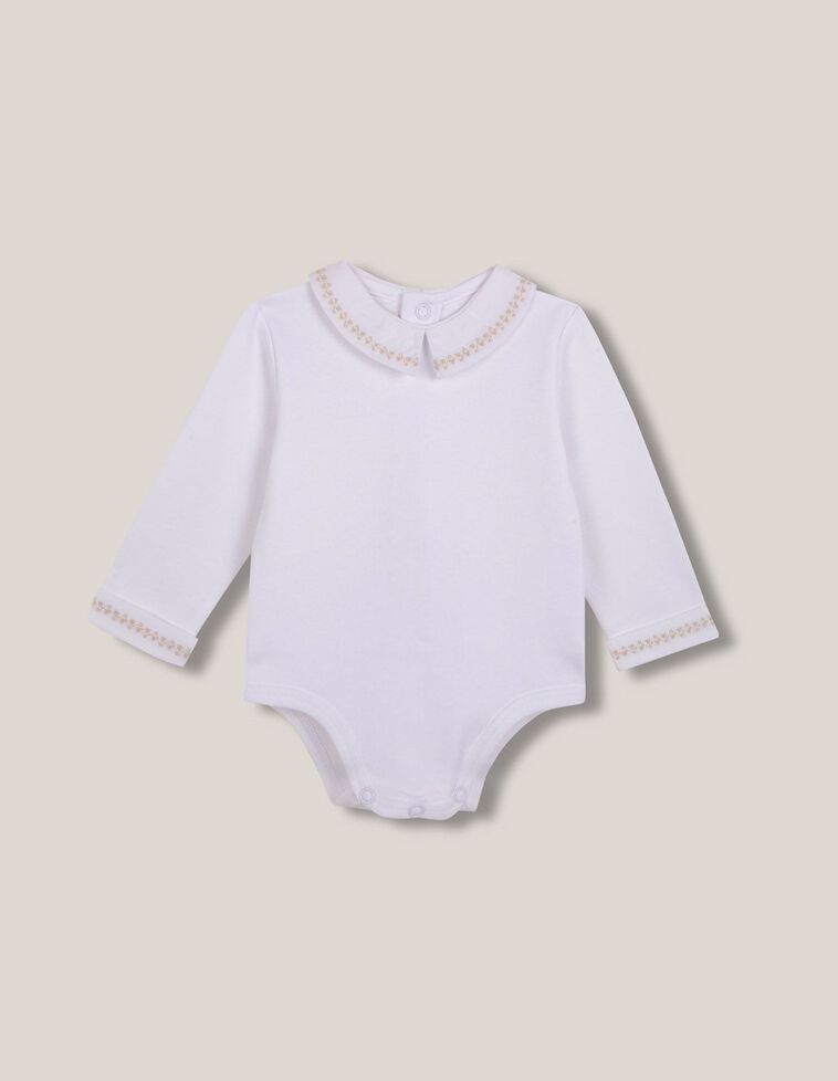 Body de manga comprida com pescoço bordado branco
