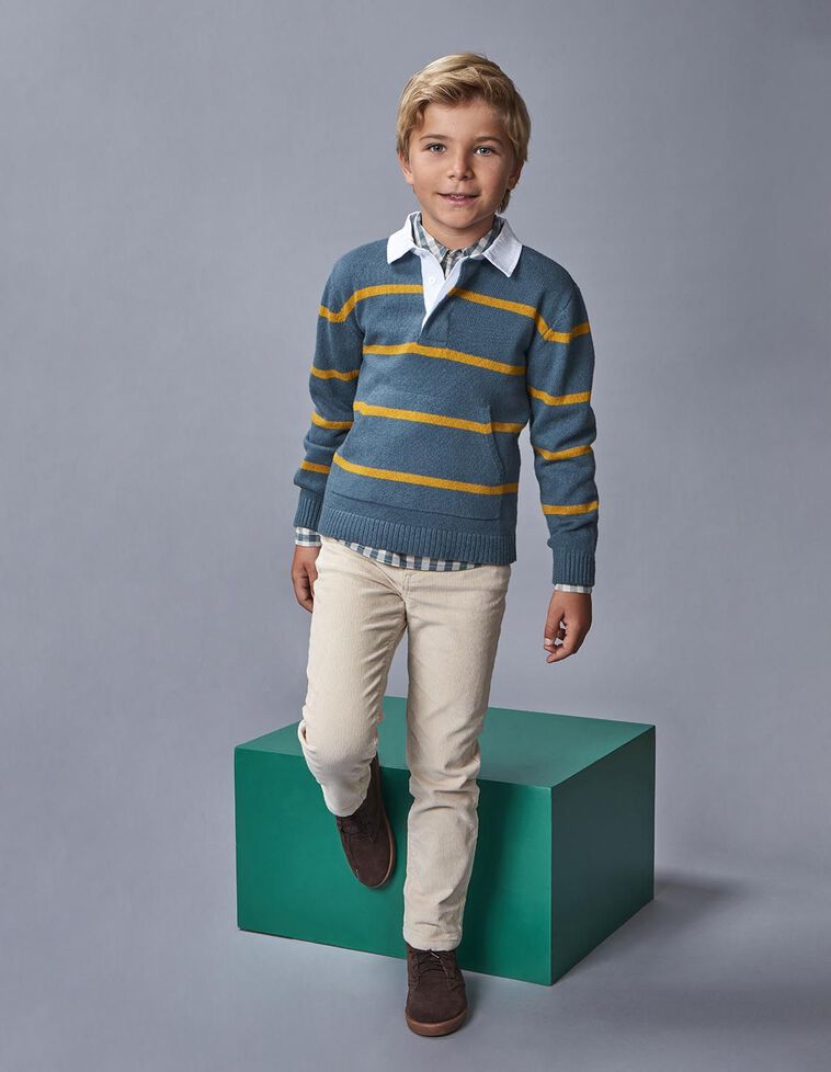 Camisola polo às riscas com lã verde