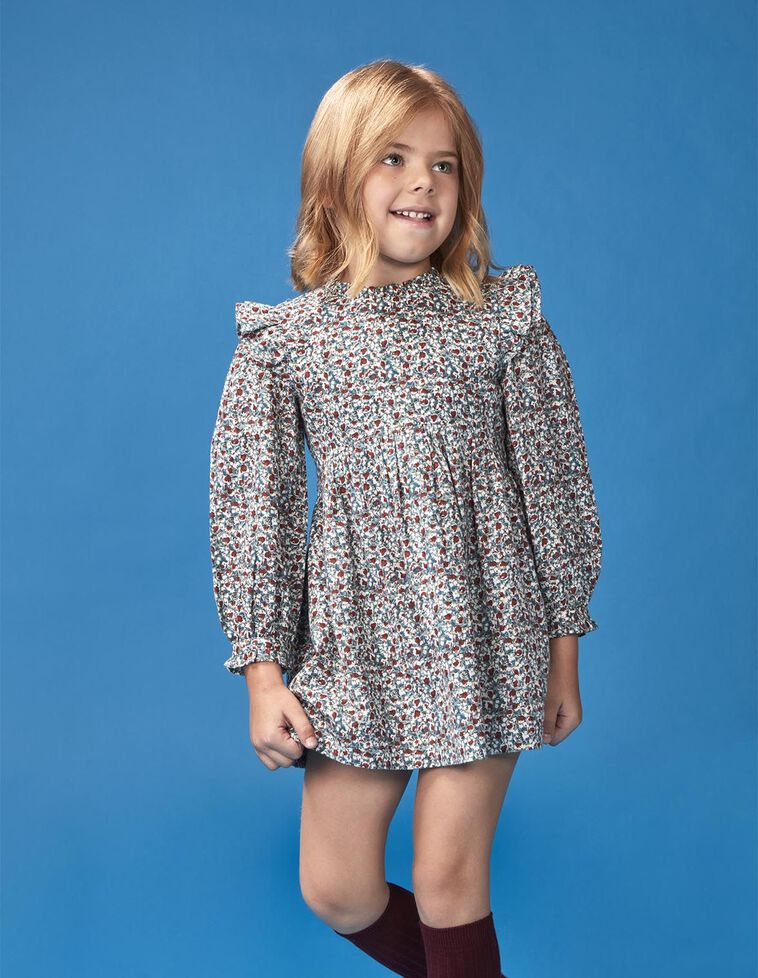 Vestido estampado de flores com folhos azul claro