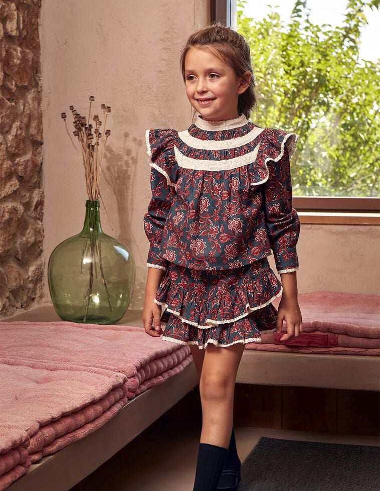 Vestido estampado de flores com folhos verde-petróleo