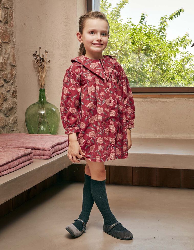 Vestido estampado de flores gola grande granada