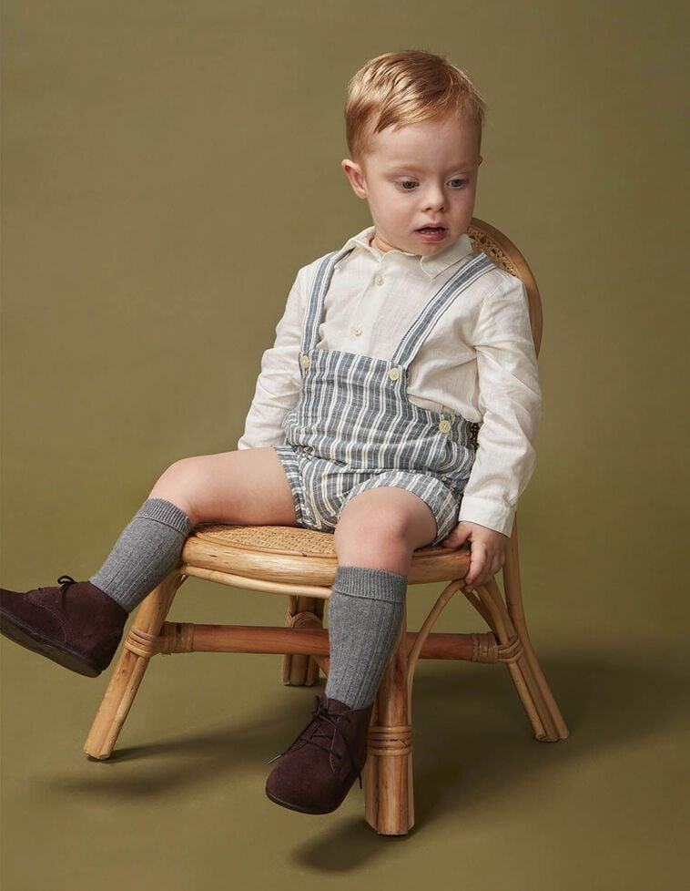 Calças com alças às riscas verde-petróleo